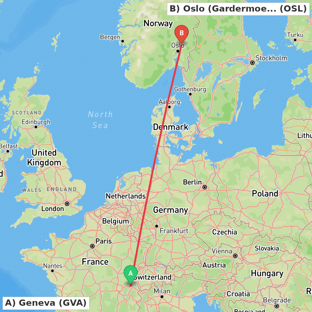 Flight route map from Geneva to Oslo (Gardermoen)