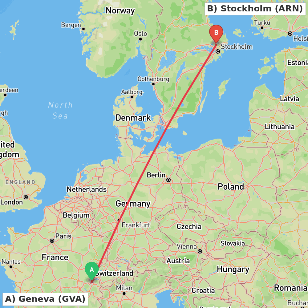 Flight route map from Geneva to Stockholm