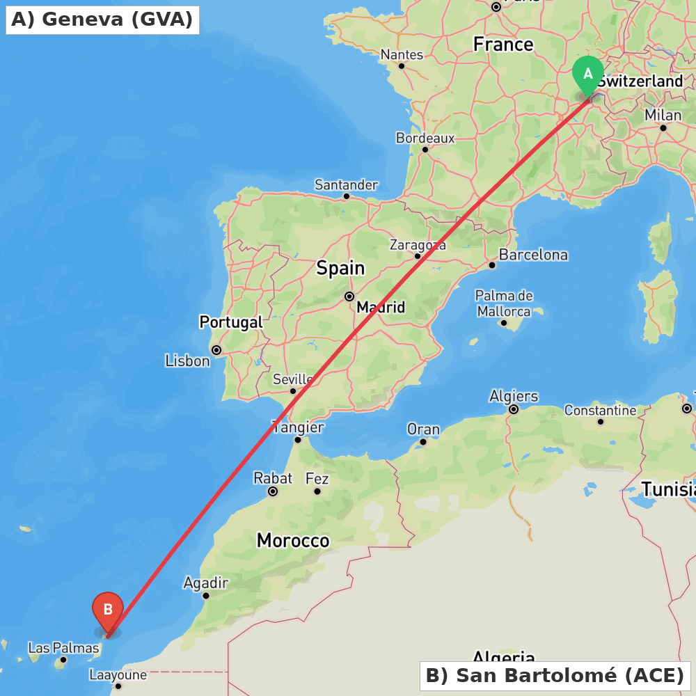Flight route map from Geneva to San Bartolomé
