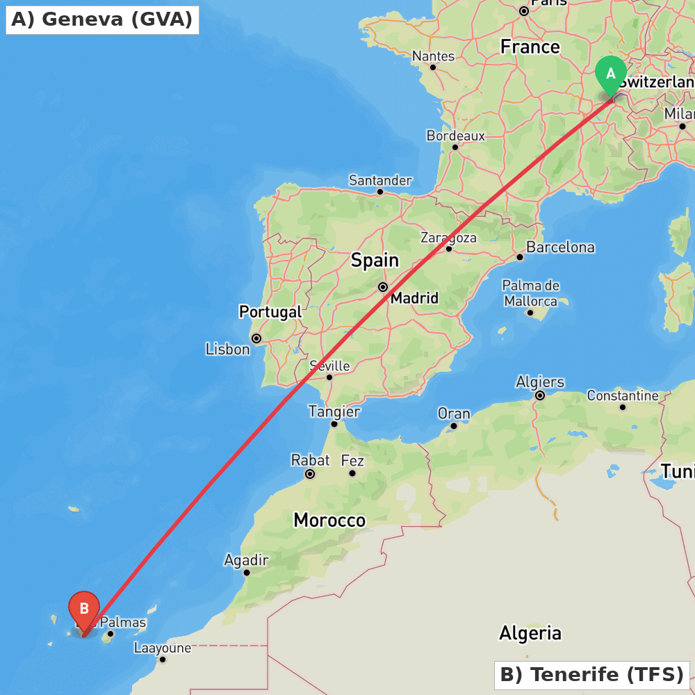 Flight route map from Geneva to Tenerife