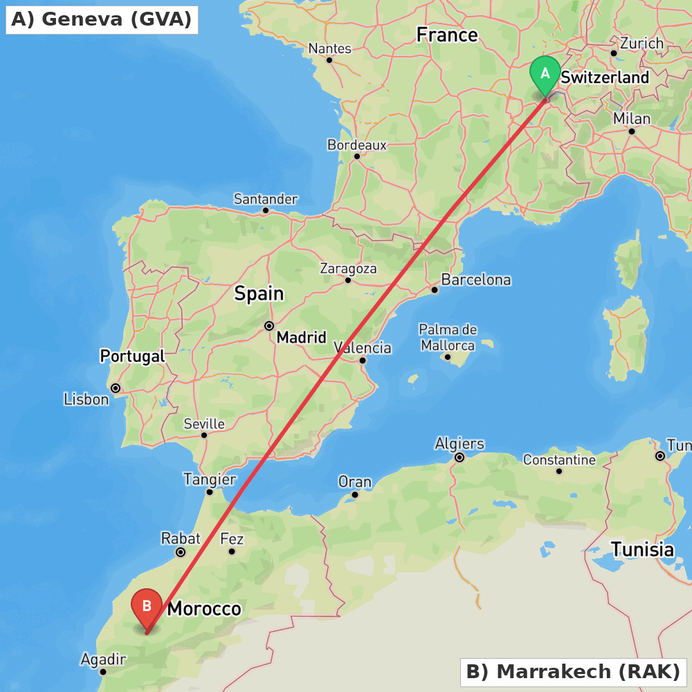 Flight route map from Geneva to Marrakech