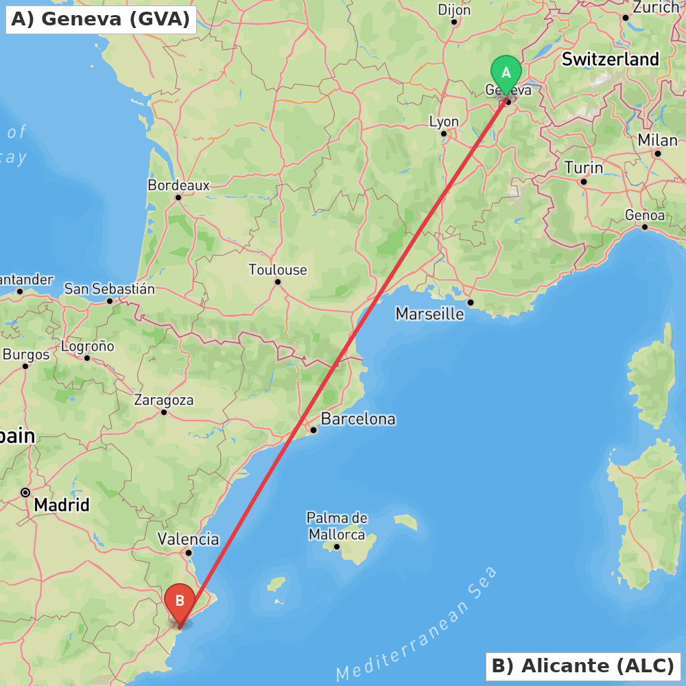 Flight route map from Geneva to Alicante