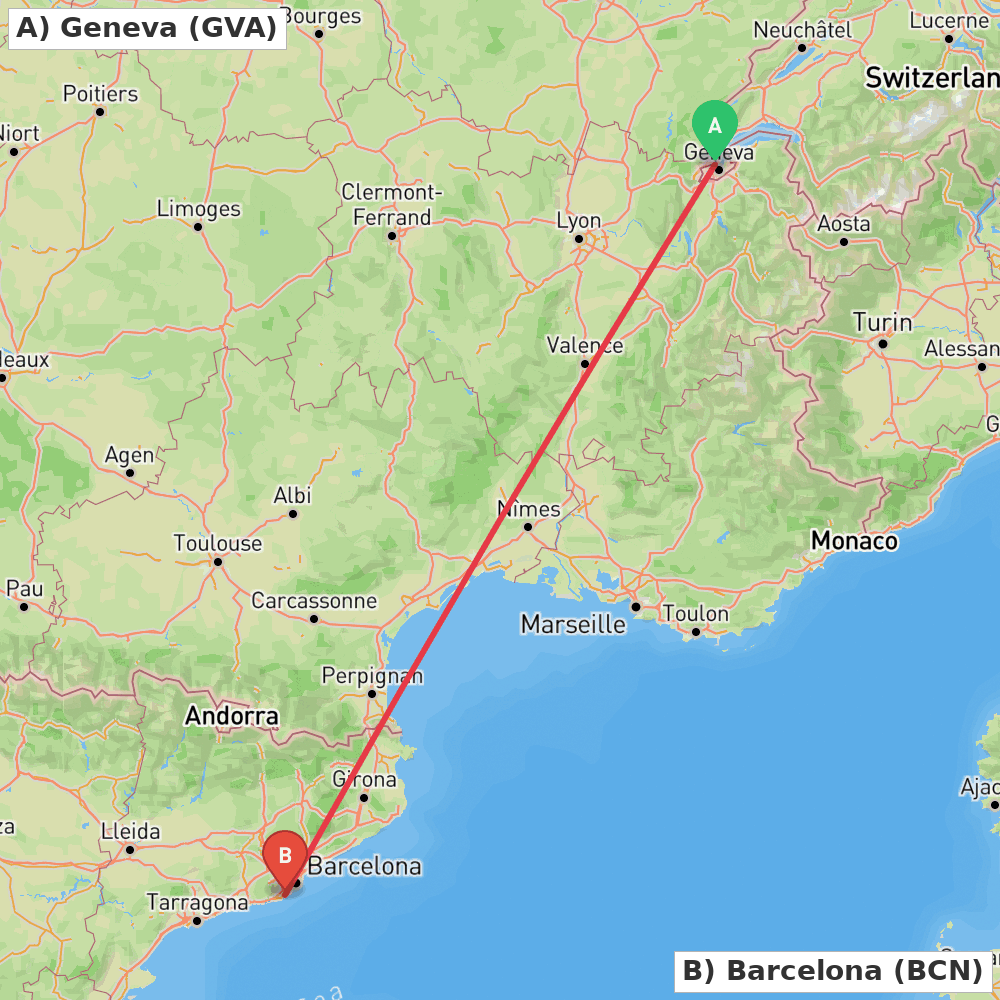 Flight route map from Geneva to Barcelona