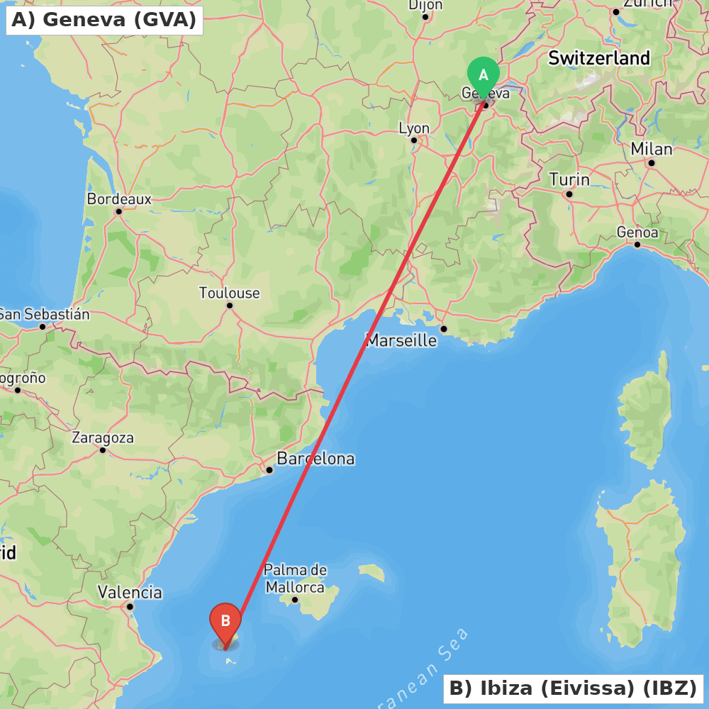 Flight route map from Geneva to Ibiza (Eivissa)