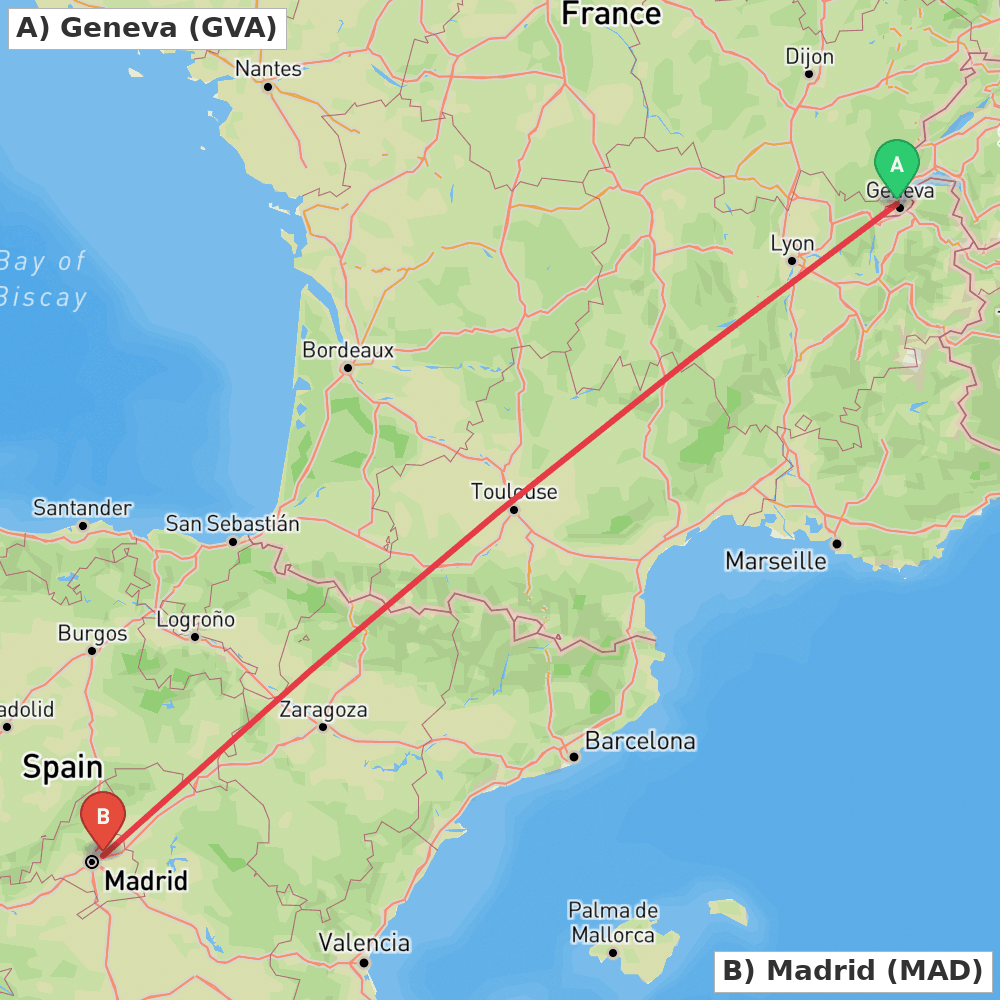 Flight route map from Geneva to Madrid