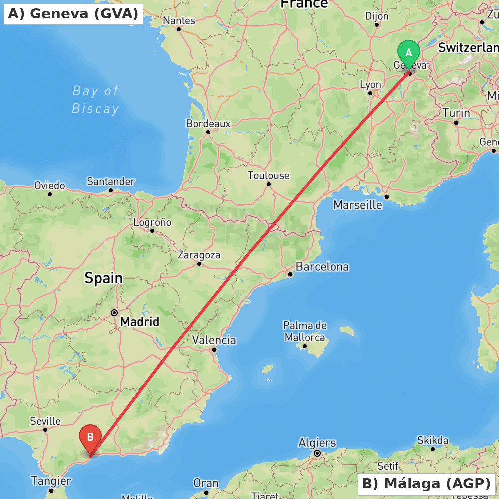 Flight route map from Geneva to Málaga