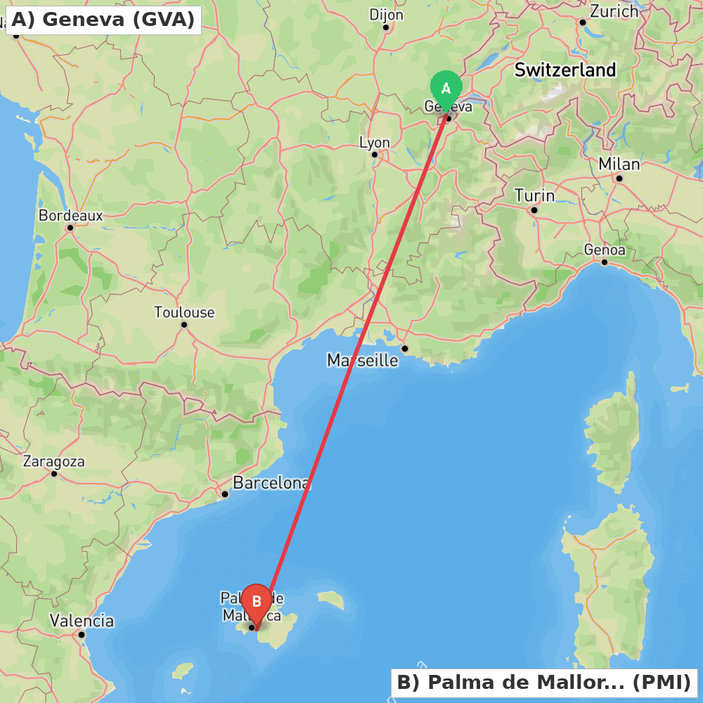 Flight route map from Geneva to Palma de Mallorca