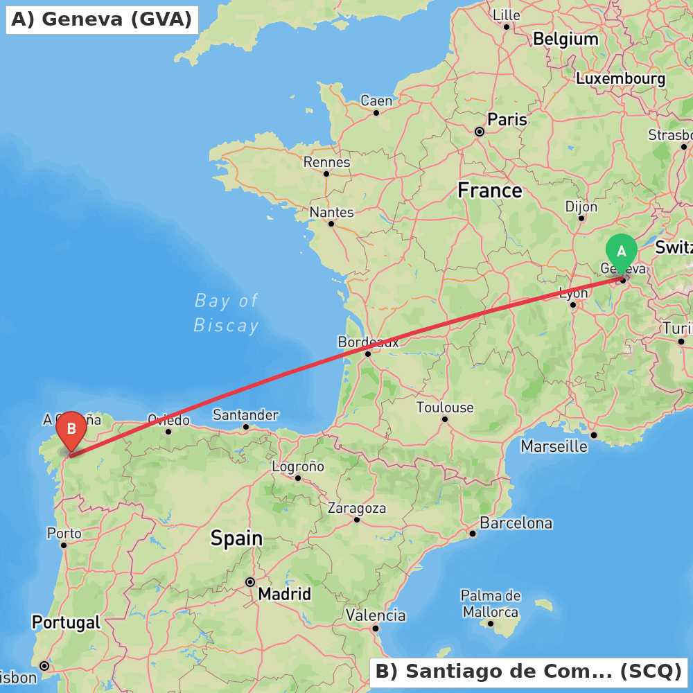 Flight route map from Geneva to Santiago de Compostela