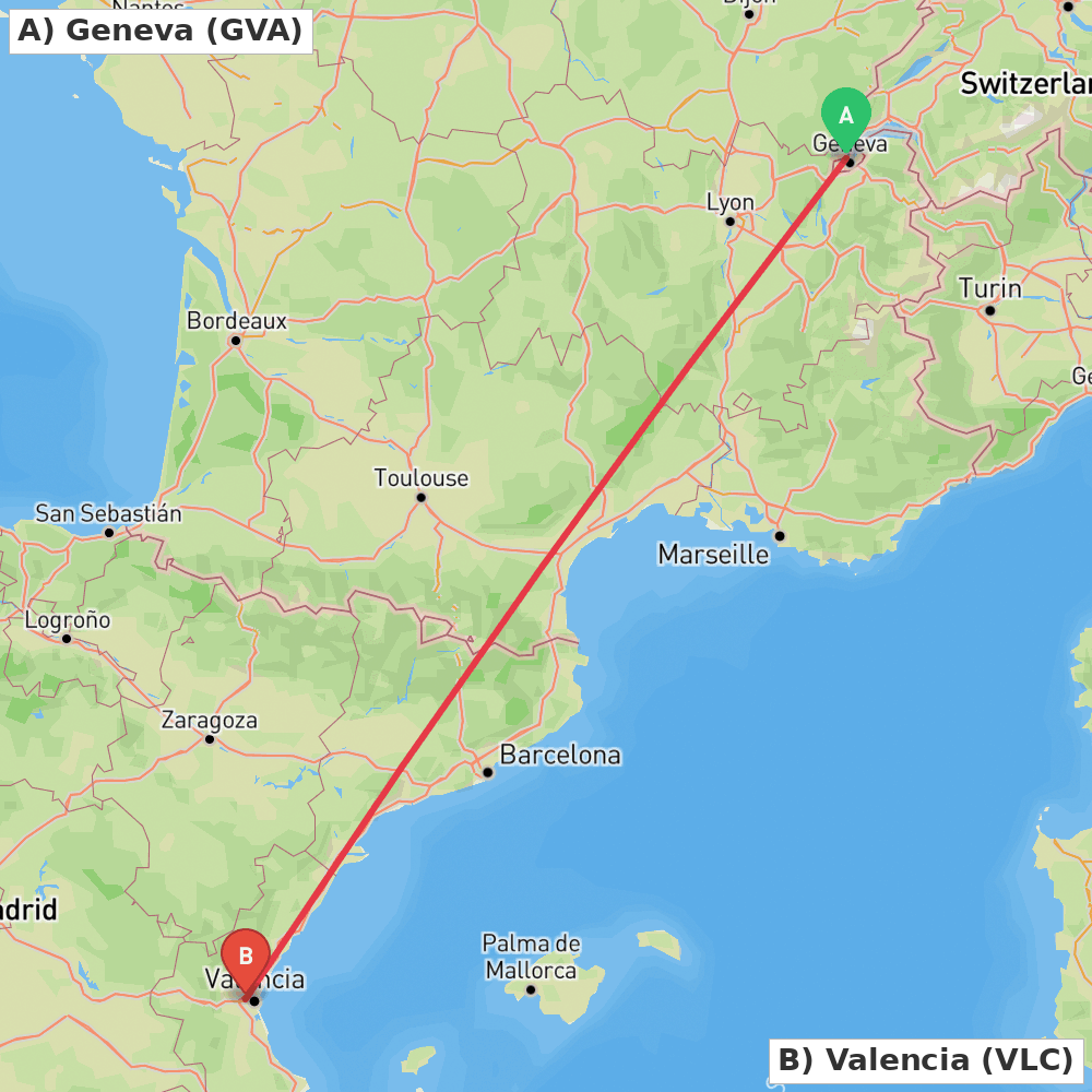 Flight route map from Geneva to Valencia