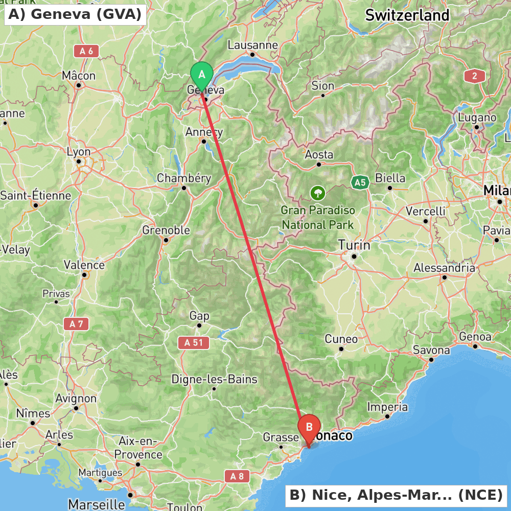 Flight route map from Geneva to Nice, Alpes-Maritimes