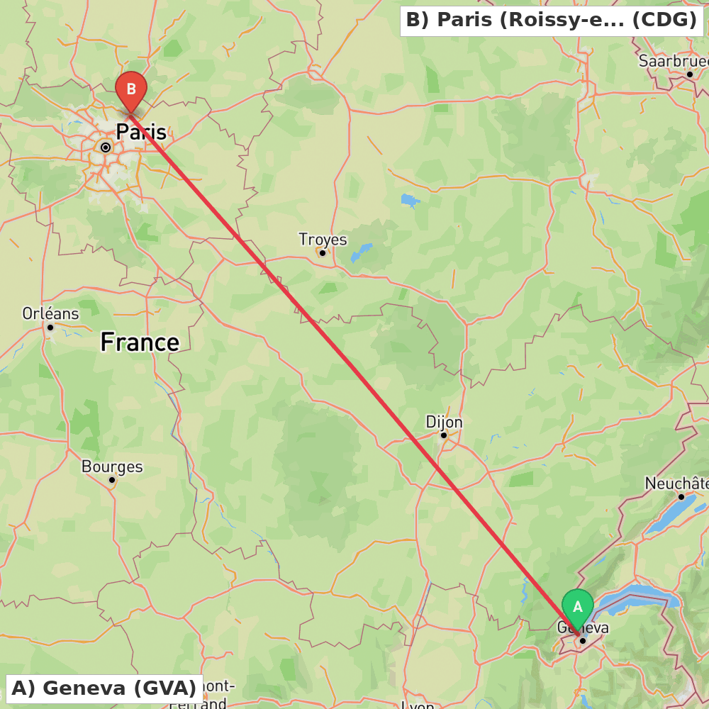 Flight route map from Geneva to Paris (Roissy-en-France, Val-d'Oise)