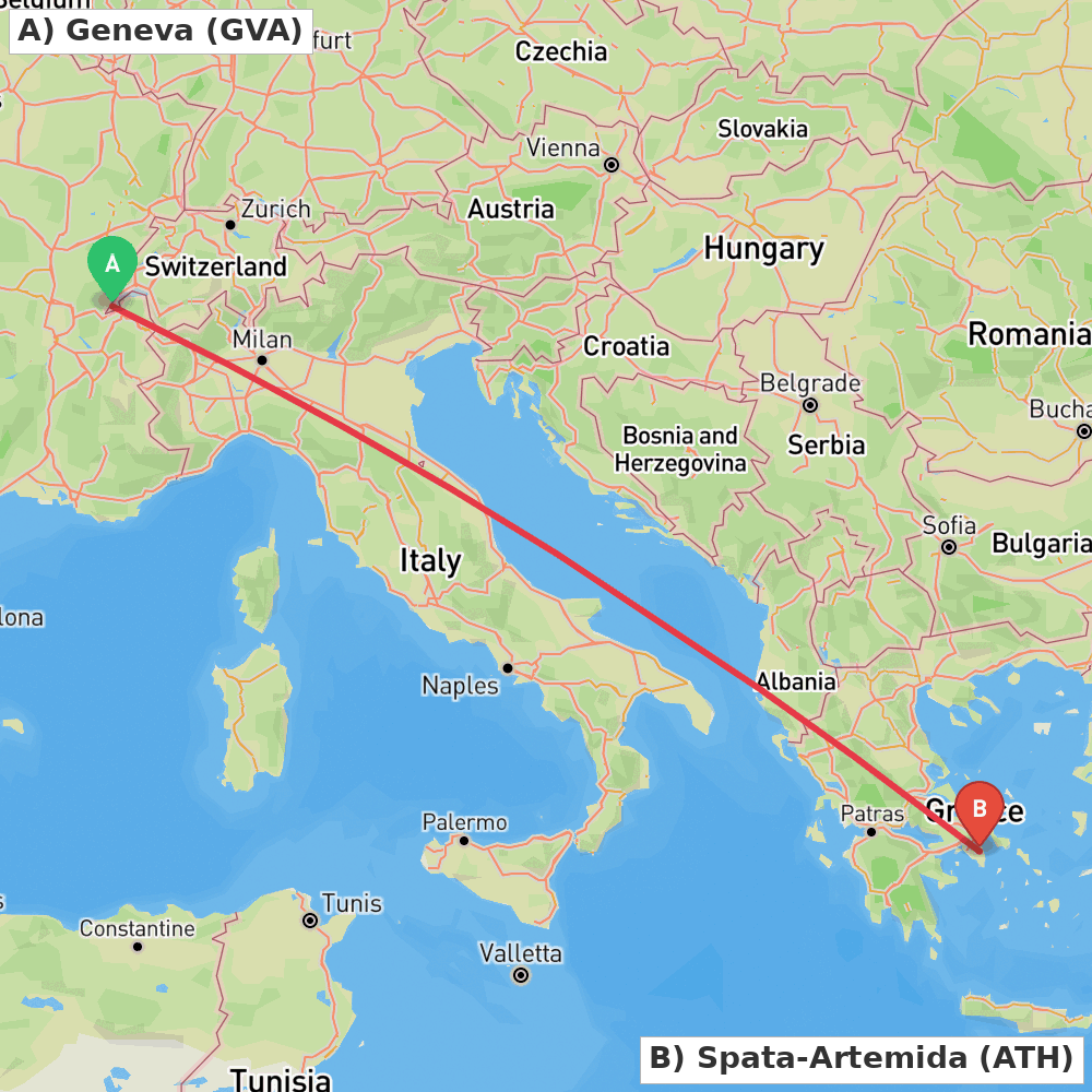Flight route map from Geneva to Spata-Artemida