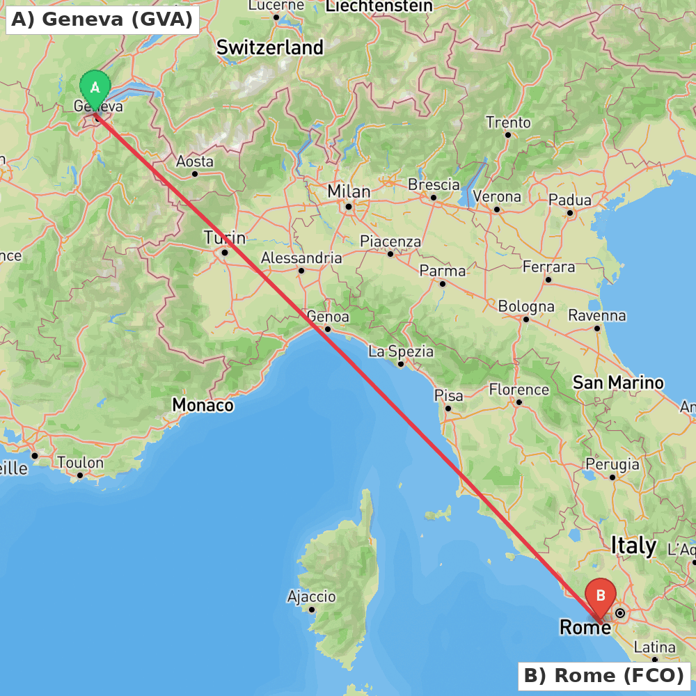 Flight route map from Geneva to Rome