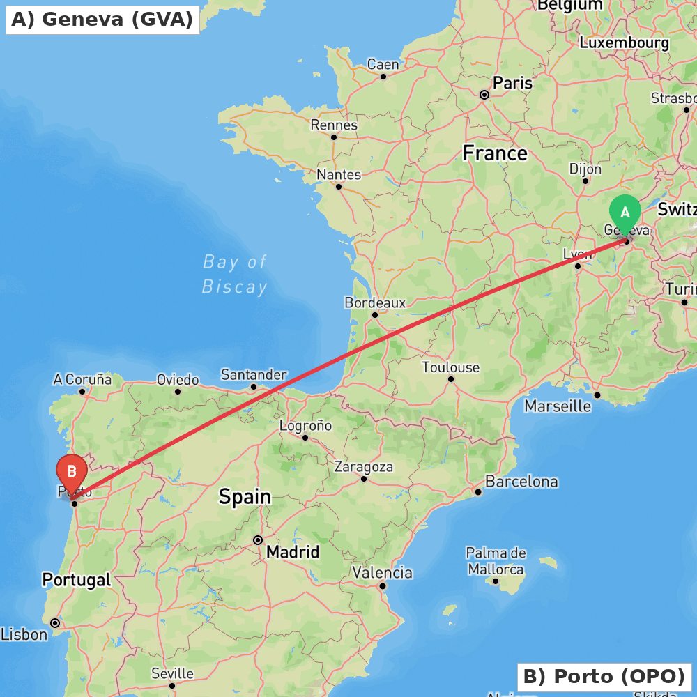 Flight route map from Geneva to Porto
