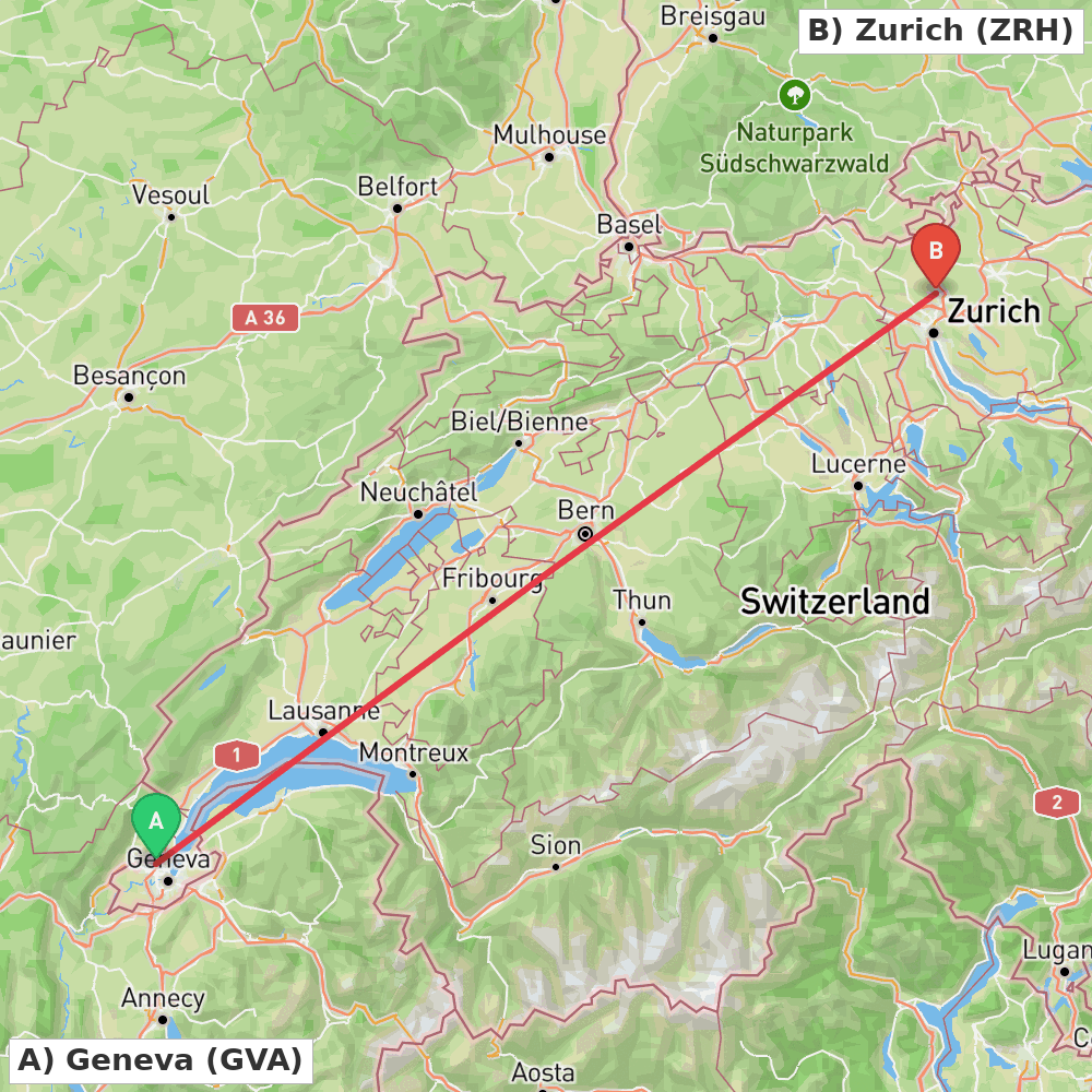 Flight route map from Geneva to Zurich
