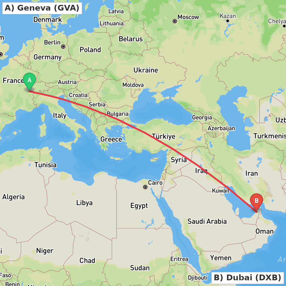 Flight route map from Geneva to Dubai