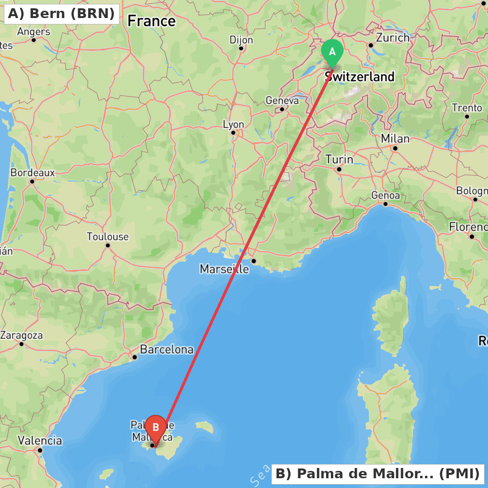Flight route map from Bern to Palma de Mallorca