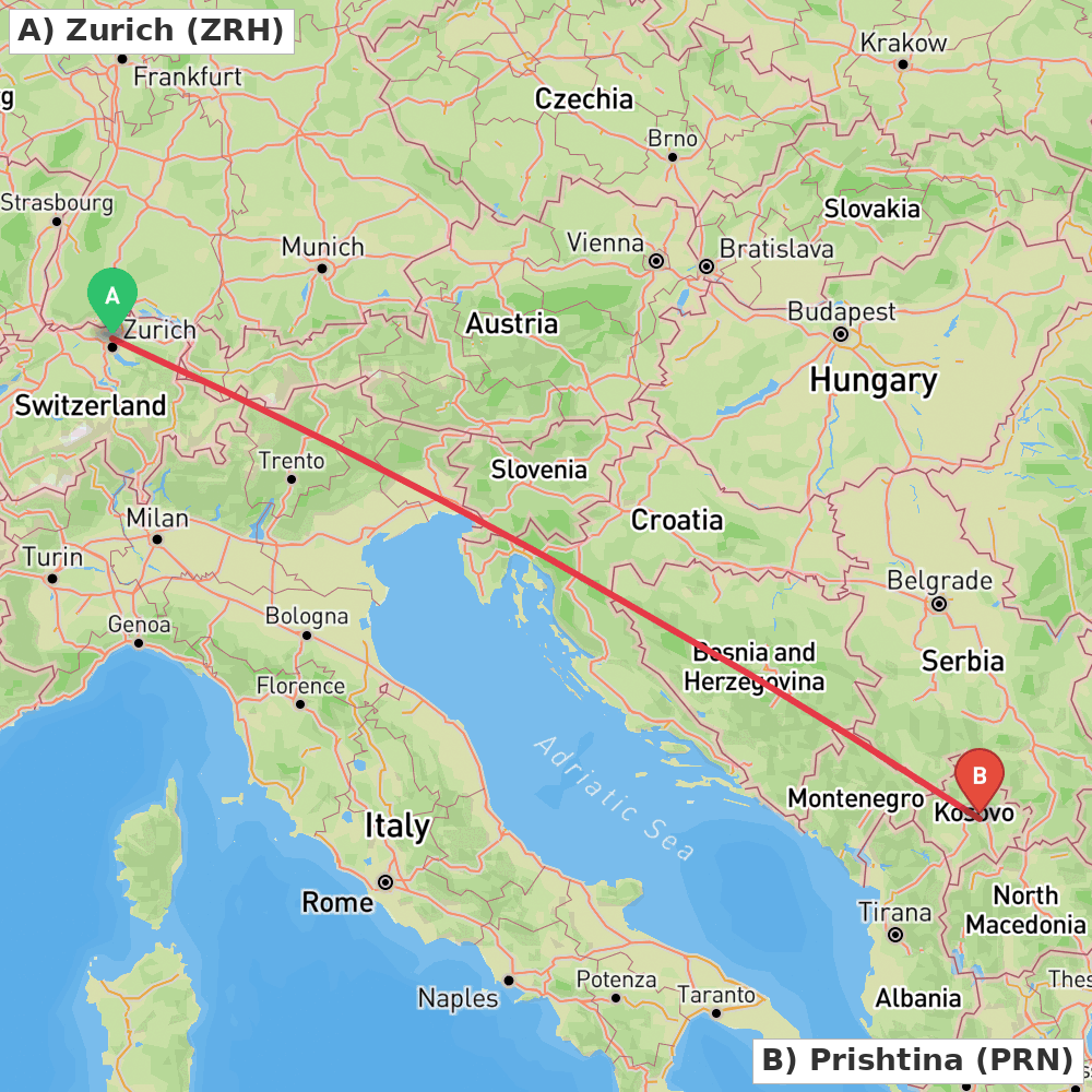 Flight route map from Zurich to Prishtina