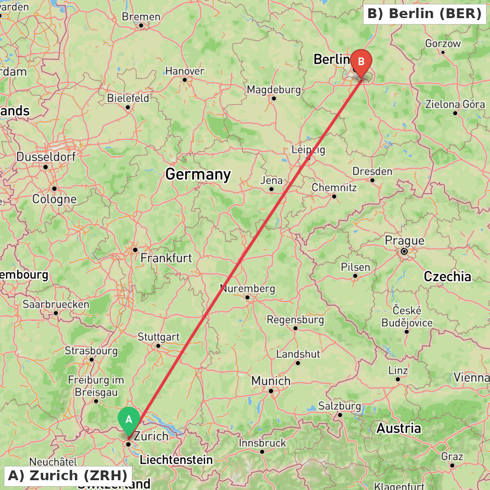 Flight route map from Zurich to Berlin