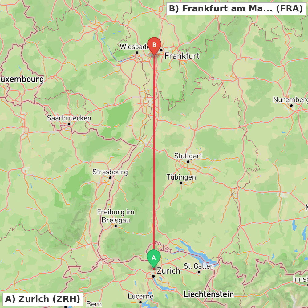 Flight route map from Zurich to Frankfurt am Main