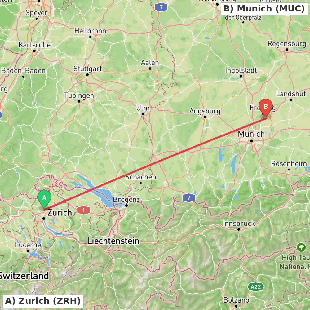 Flight route map from Zurich to Munich
