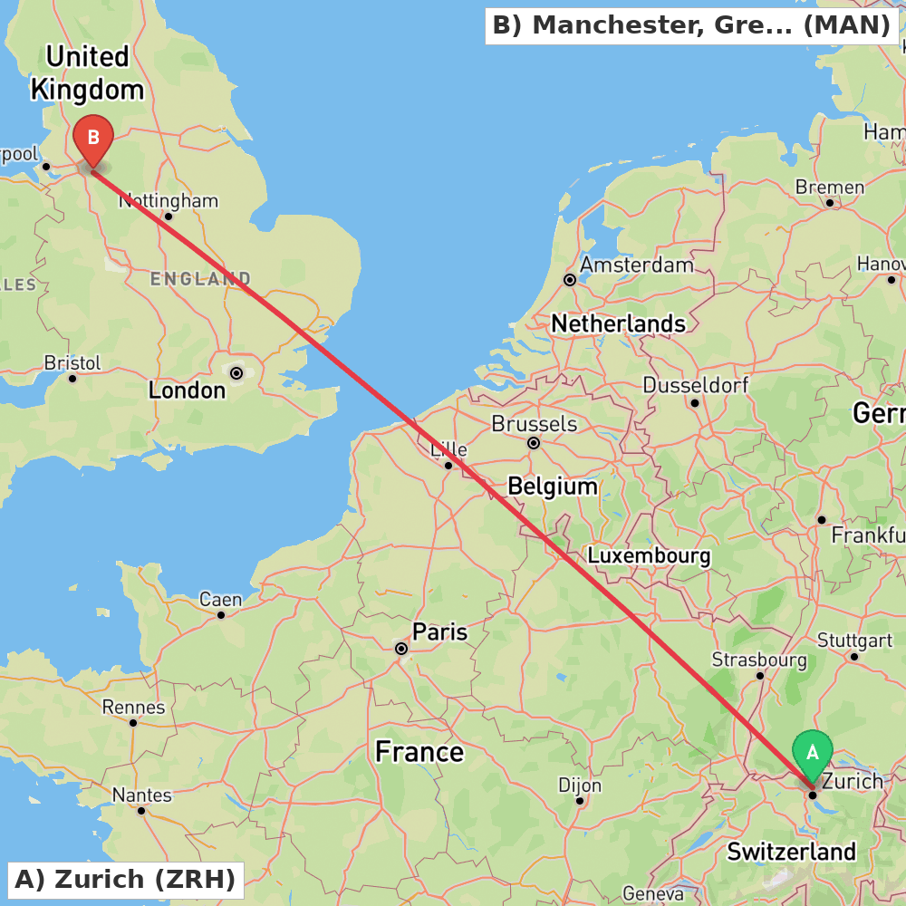 Flight route map from Zurich to Manchester, Greater Manchester
