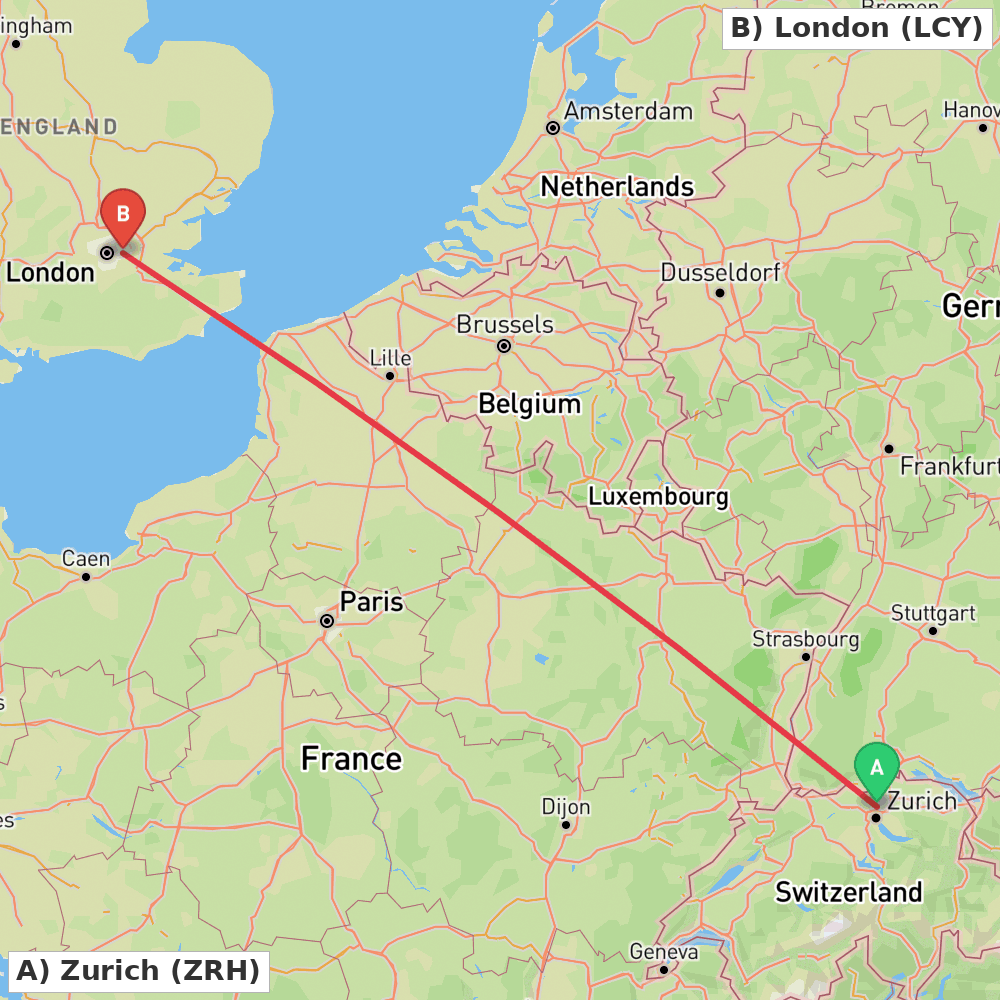 Flight route map from Zurich to London
