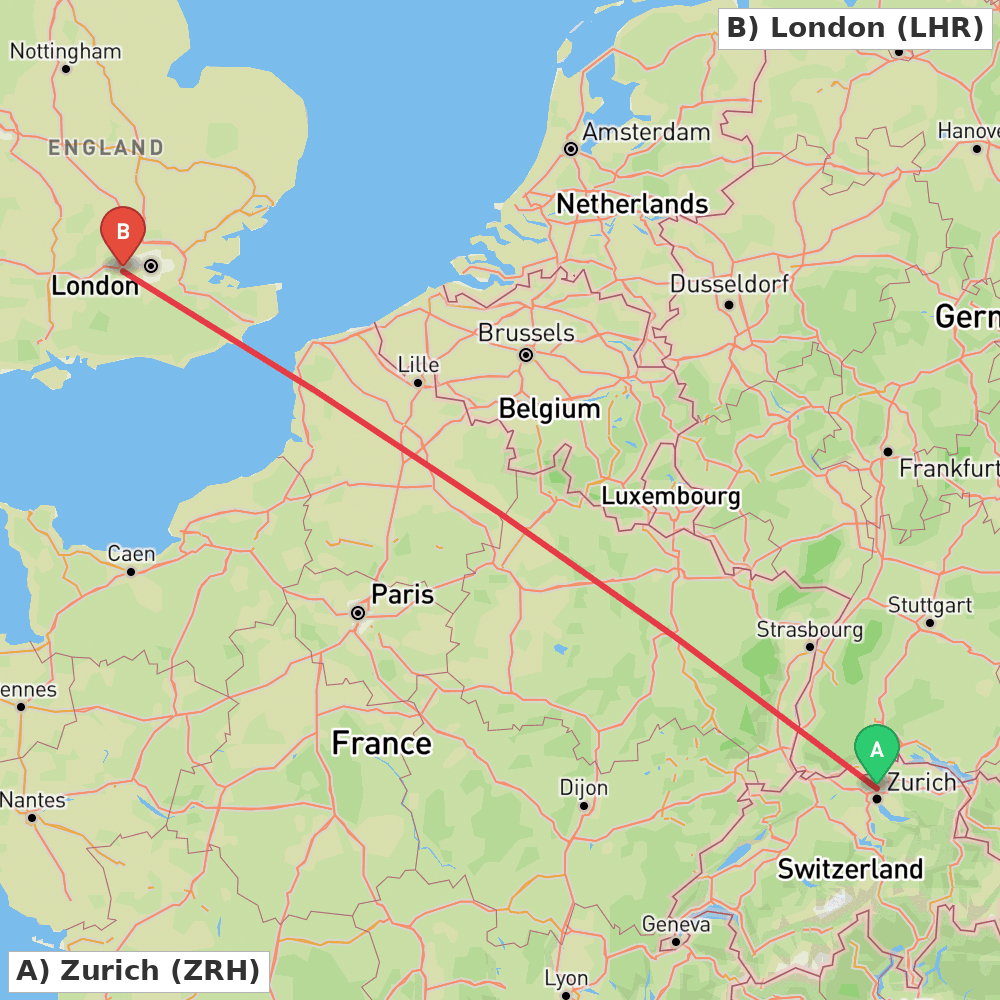 Flight route map from Zurich to London