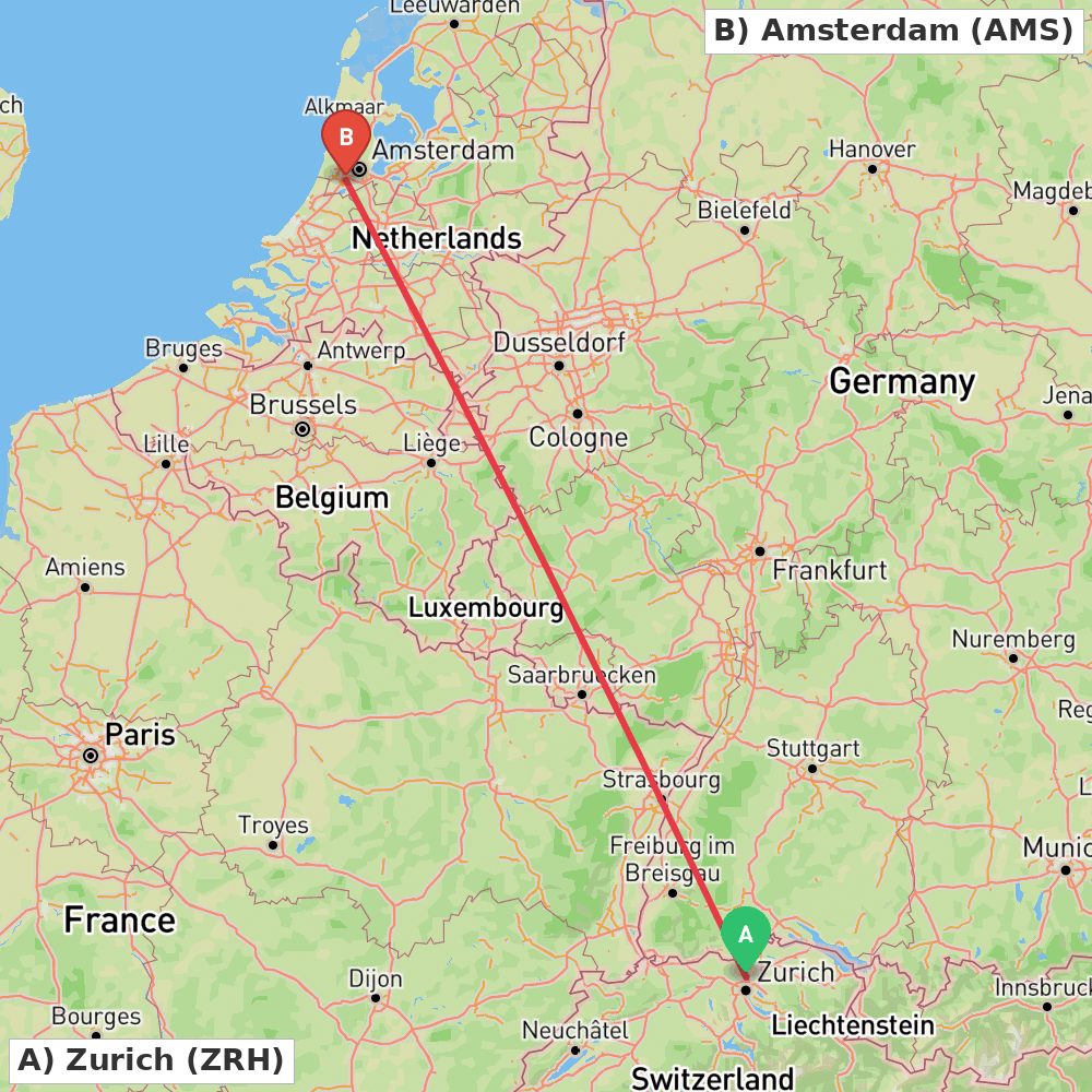 Flight route map from Zurich to Amsterdam