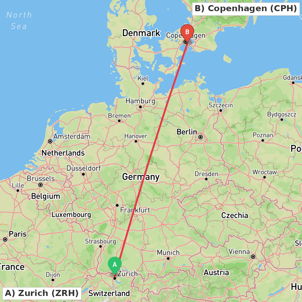 Flight route map from Zurich to Copenhagen