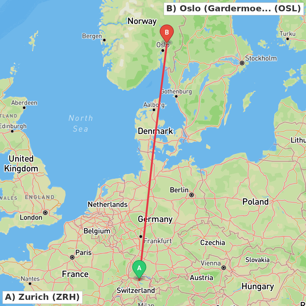 Flight route map from Zurich to Oslo (Gardermoen)