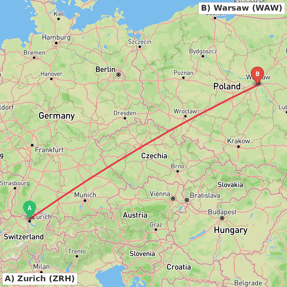 Flight route map from Zurich to Warsaw