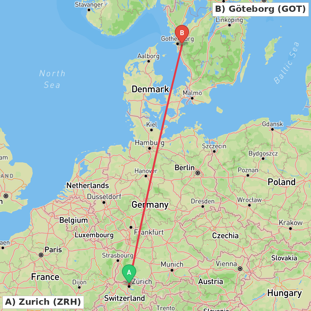 Flight route map from Zurich to Göteborg