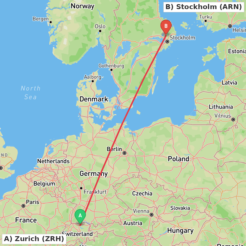 Flight route map from Zurich to Stockholm