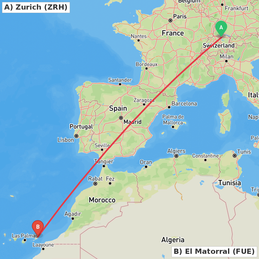 Flight route map from Zurich to El Matorral
