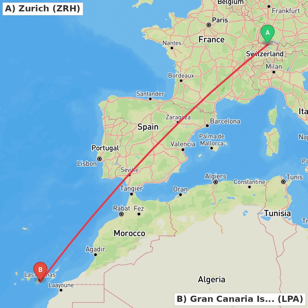 Flight route map from Zurich to Gran Canaria Island