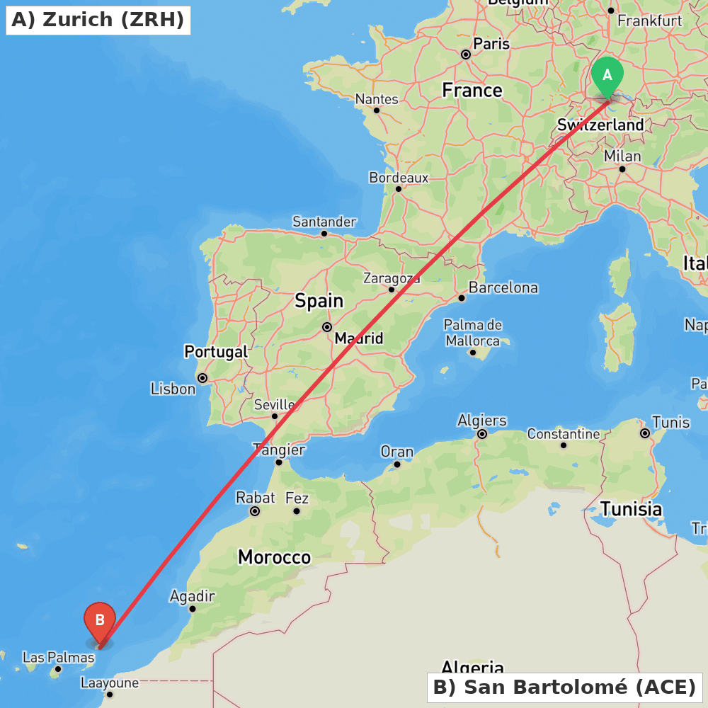 Flight route map from Zurich to San Bartolomé
