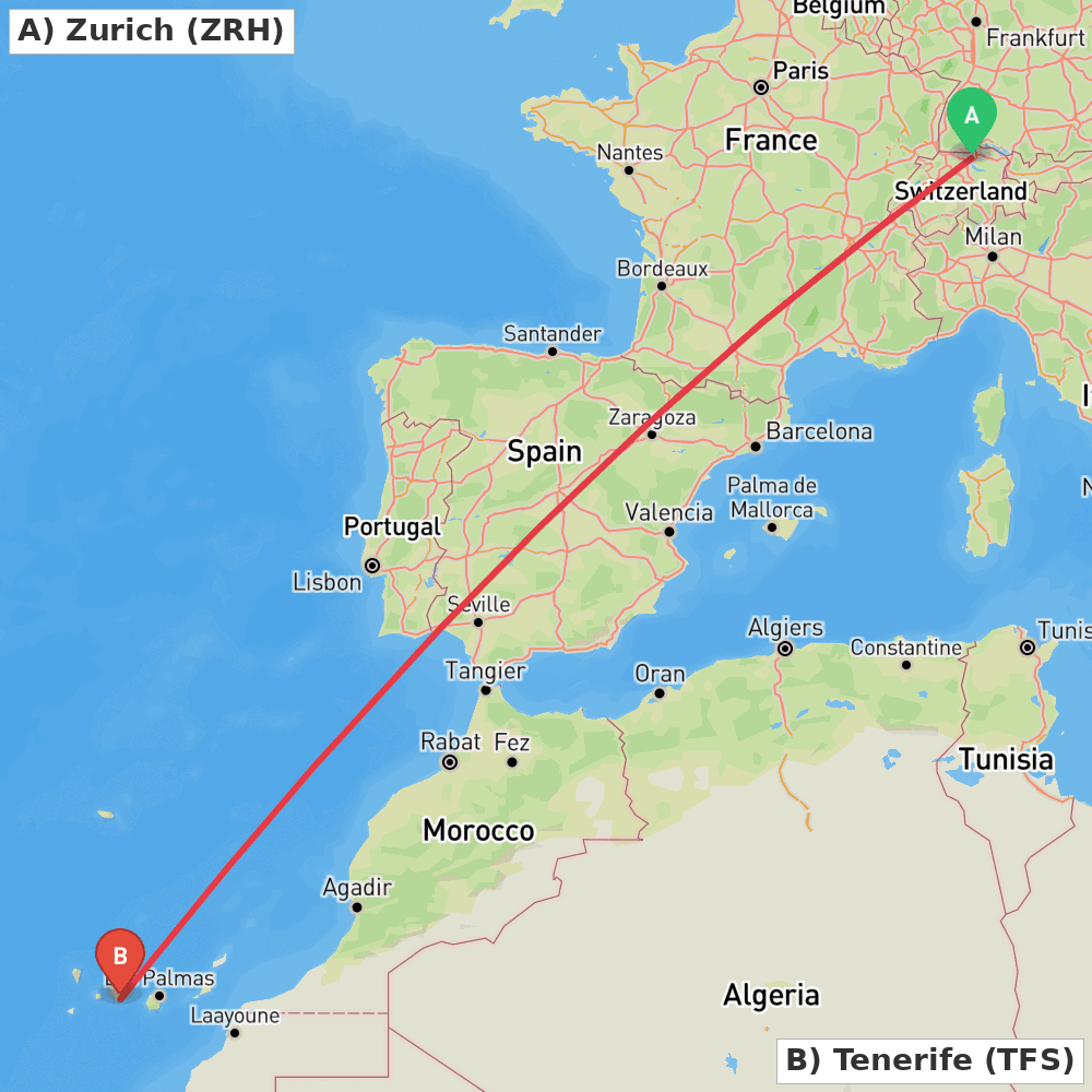 Flight route map from Zurich to Tenerife