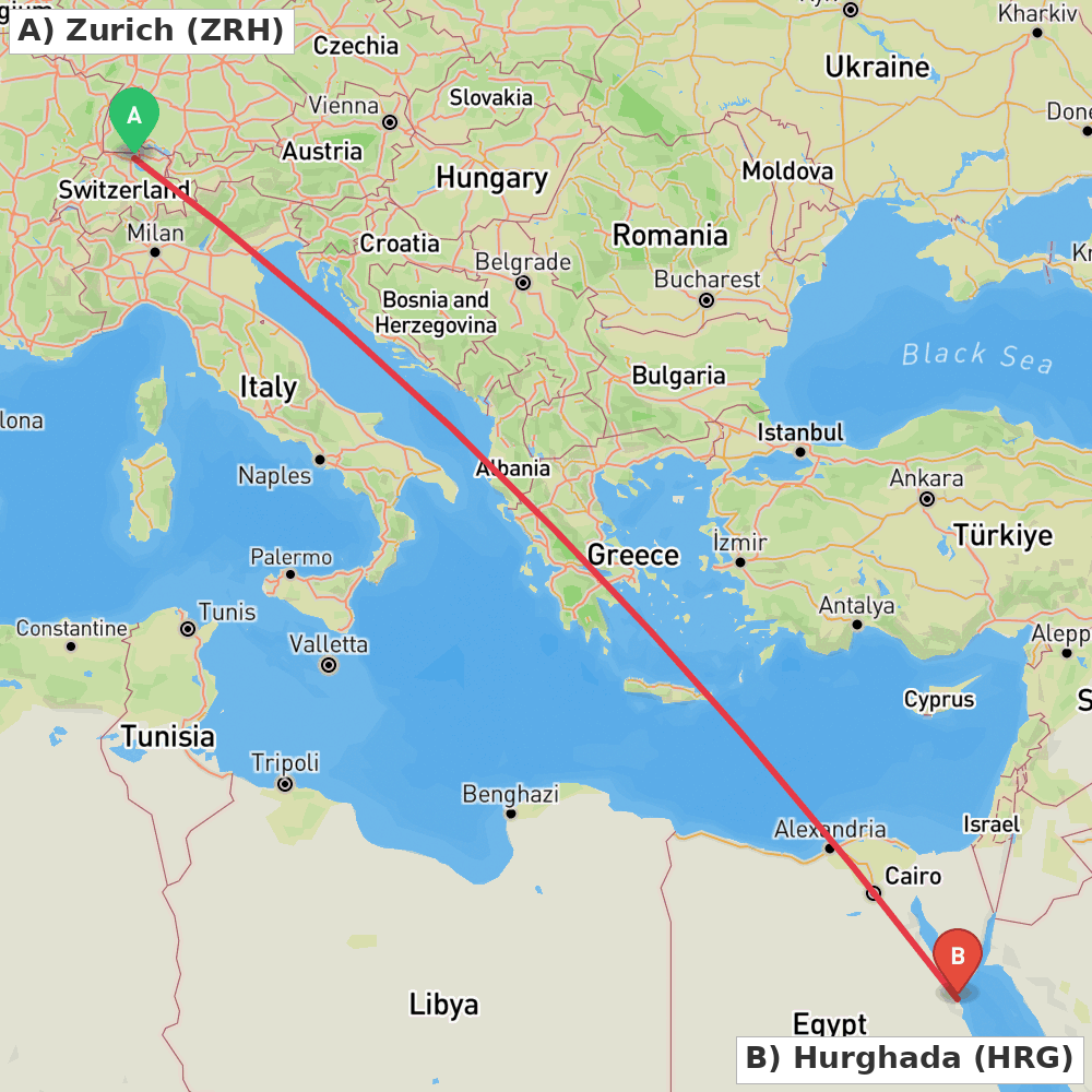 Flight route map from Zurich to Hurghada