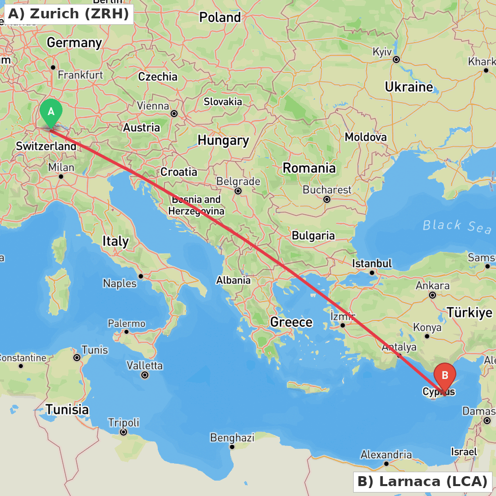 Flight route map from Zurich to Larnaca