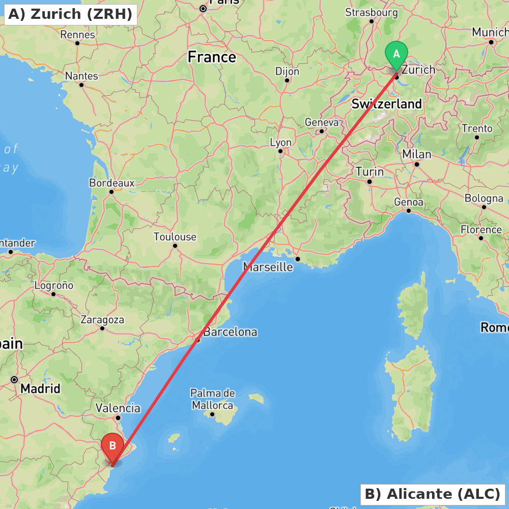 Flight route map from Zurich to Alicante