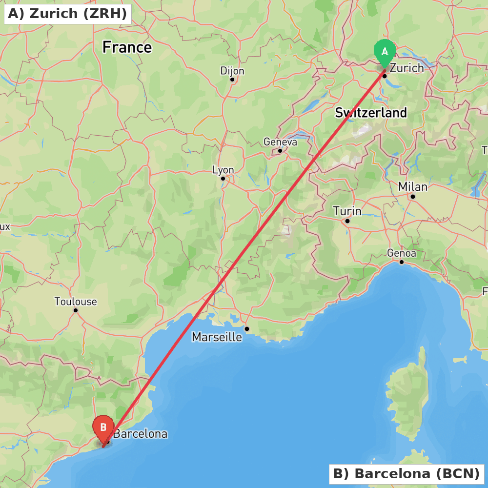 Flight route map from Zurich to Barcelona
