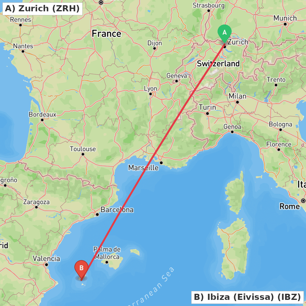 Flight route map from Zurich to Ibiza (Eivissa)