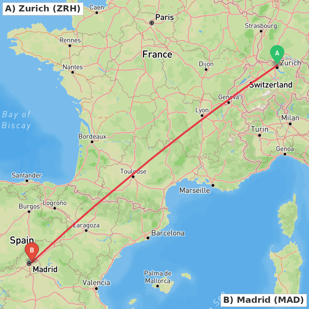 Flight route map from Zurich to Madrid