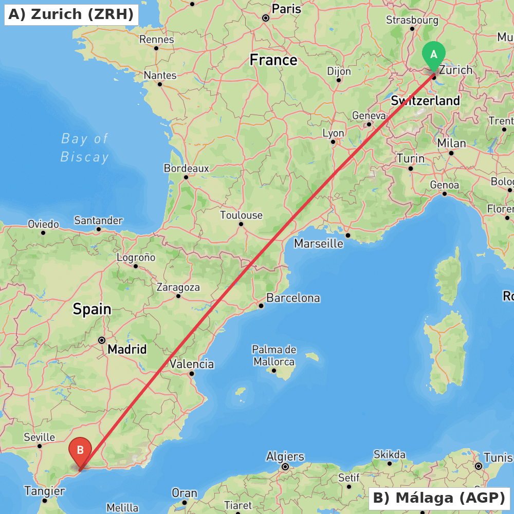 Flight route map from Zurich to Málaga