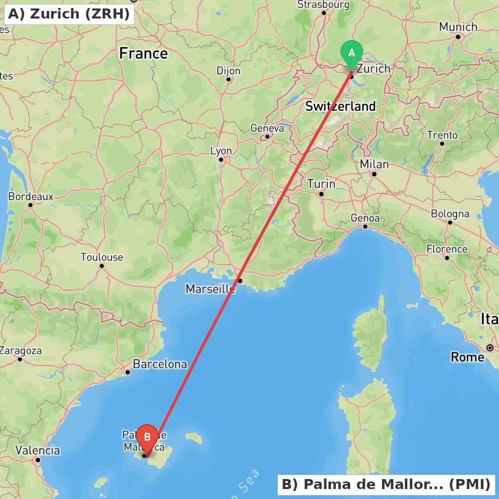 Flight route map from Zurich to Palma de Mallorca