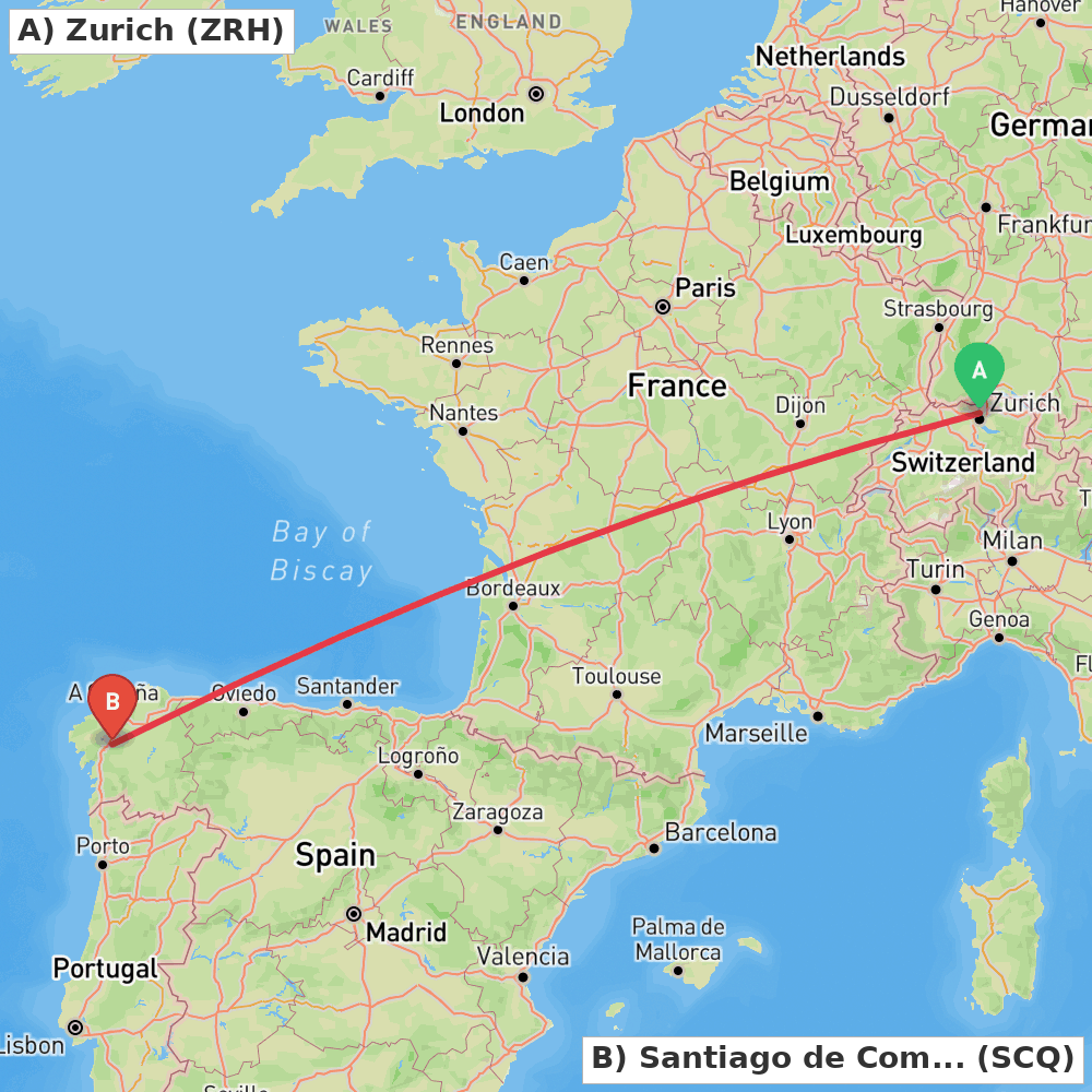 Flight route map from Zurich to Santiago de Compostela