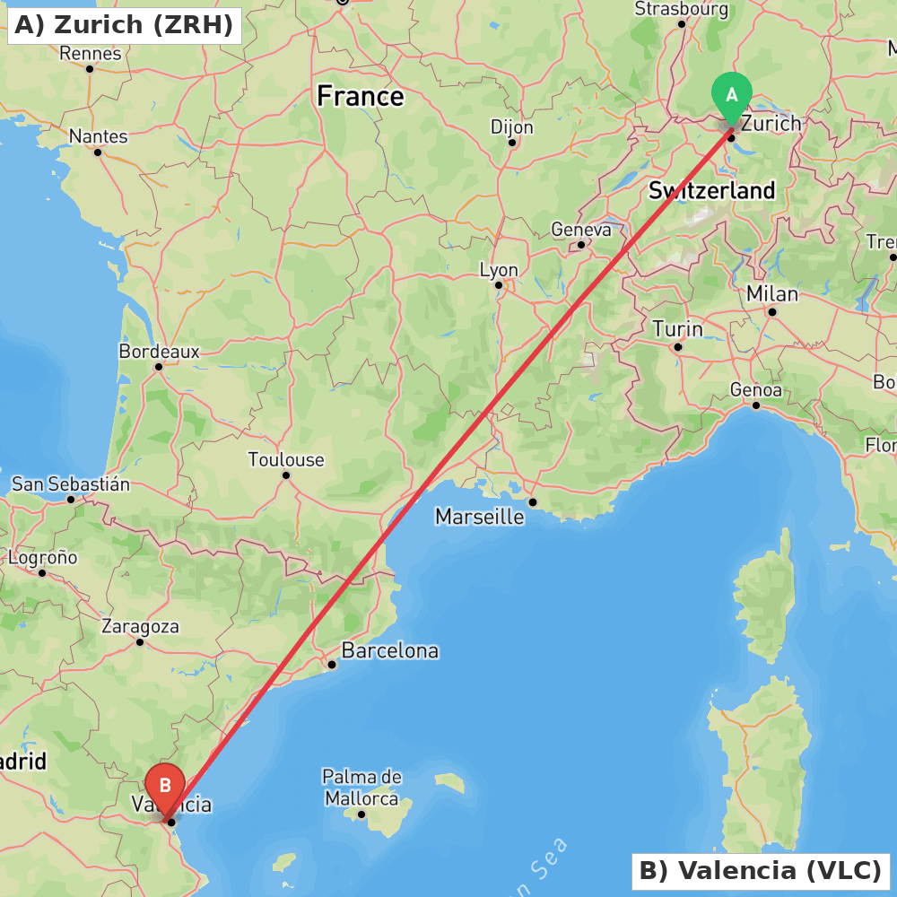Flight route map from Zurich to Valencia