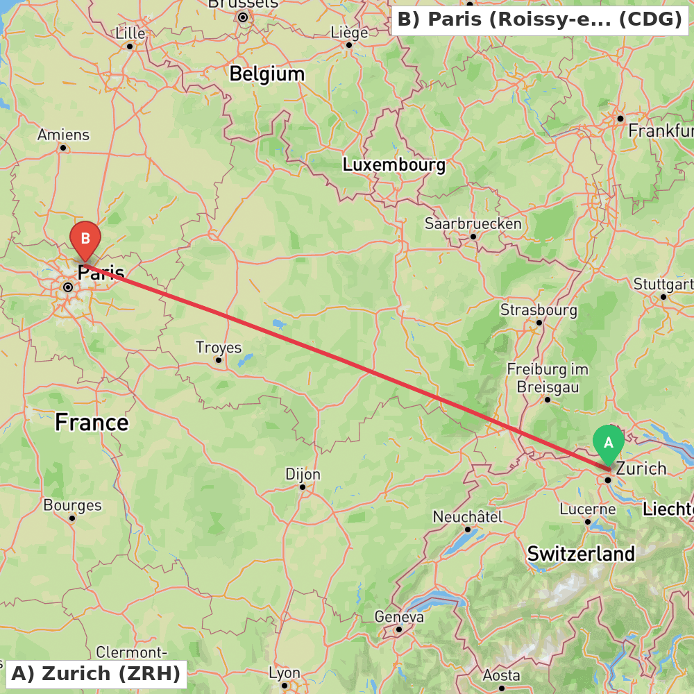 Flight route map from Zurich to Paris (Roissy-en-France, Val-d'Oise)