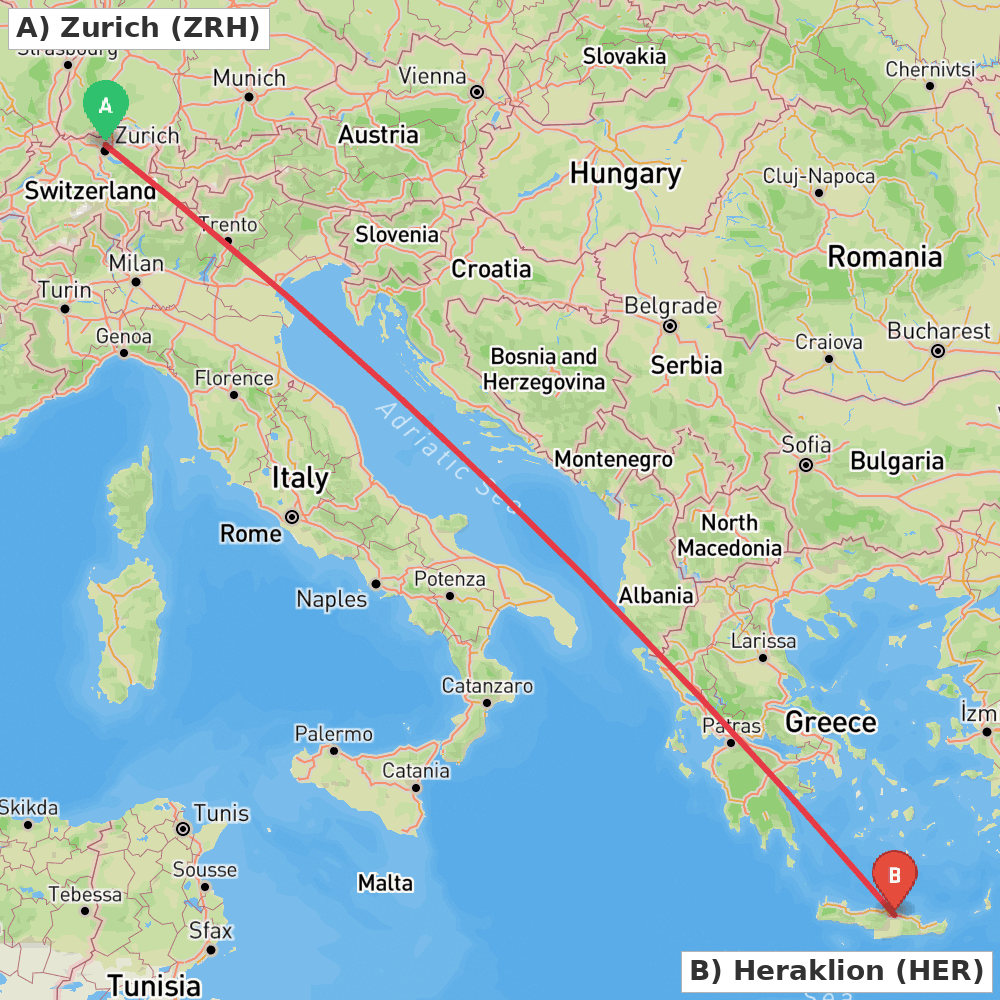Flight route map from Zurich to Heraklion
